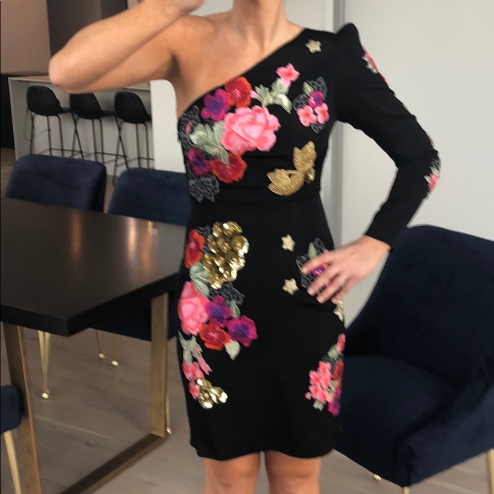 Nicole Miller One Shoulder Long Sleeved Dress